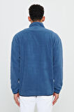 Erkek Indigo Oversize Bol Kesim Bato Yaka Cep Detaylı Fermuarlı Isı Tutan Polar Sweatshirt