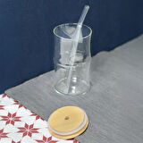 Bambu Kapaklı Pipetli Bardak - Açık Kahverengi / Şeffaf - 350 ml