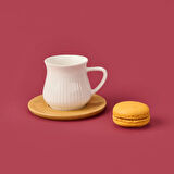 Bambu Tabaklı Çizgili Fincan Seti - Açık Kahverengi / Beyaz - 100 ml