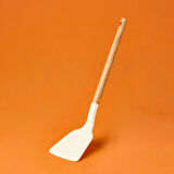 Ahşap Saplı Silikon Geniş Spatula - Krem / Kahverengi