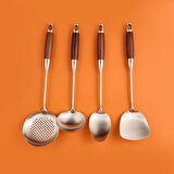 4'lü Ahşap Saplı Kepçe Seti - Gri / Kahverengi