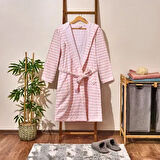 Soft Kapüşonlu Çizgili Kız Çocuk Bornoz - Beyaz / Pembe - L / XL