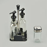 4'lü Cam Tuzluk Yağlık Sirkelik Seti - Şeffaf / Siyah