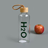 Kılıflı Bambu Kapaklı H2O Cam Matara - Şeffaf / Açık Kahverengi - 800 ml