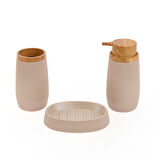 Bath Ahşap Desenli 5 li Banyo Seti - Bej