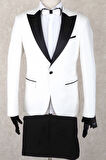 Jan Carlucci Slim Fit Saten Sivri Yaka-Çift Yırtmaç Beyaz Drop 6 Damatlık Smokin - Full Set Yelek, Gömlek, Papyon 