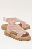 Kadın Önü Açık Örgü Desenli Lastikli Sandalet PUDRA