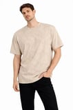 USLUCAN ALIŞVERİŞ Erkek Asit Yıkama Bisiklet Yaka Kısa Kollu Oversize T-Shirt Tişört - Bej