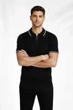 USLUCAN ALIŞVERİŞ Erkek Fermuarlı Yaka Fitilli Triko Kısa Kollu Regular Fit Tişört T-shirt - Siyah