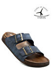 Sermoda Çift Toka Ayarlanabilir Genişlik Esnek Rahat Deri Erkek Terlik 25103 Lacivert