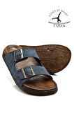Sermoda Çift Toka Ayarlanabilir Genişlik Esnek Rahat Deri Erkek Terlik 25103 Lacivert