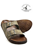 Sermoda Çift Toka Ayarlanabilir Genişlik Esnek Rahat Deri Erkek Terlik 25103 Haki