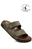 Sermoda Çift Toka Ayarlanabilir Genişlik Esnek Rahat Deri Erkek Terlik 25103 C Haki