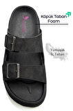 Sermoda Çift Toka Ayarlanabilir Genişlik Köpük Taban Rahat Deri Erkek Terlik Siyah