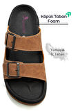 Sermoda Çift Toka Ayarlanabilir Genişlik Köpük Taban Rahat Deri Erkek Terlik Taba