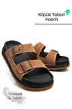 Sermoda Çift Toka Ayarlanabilir Genişlik Köpük Taban Rahat Deri Erkek Terlik Taba