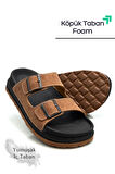 Sermoda Çift Toka Ayarlanabilir Genişlik Köpük Taban Rahat Deri Erkek Terlik Taba