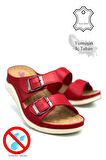 Çift Bant Tokalı Yumuşak ve Hafif Kalın Tabanlı Kadın Terlik Spor Terlik 521/1 Kırmızı