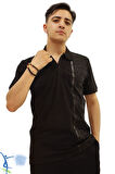 Erkek Slim Fit Dar Kesim Pamuklu Yumuşak Doku Nefes Alan Kumaş Kıvrılmaz Yaka Haki Polo Yaka Tişört Siyah