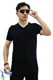 Erkek Slim Fit V Yaka Tişört - Dar Kesim Basic Günlük T-Shirt Siyah