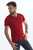Erkek Slim Fit V Yaka Tişört - Dar Kesim Basic Günlük T-Shirt Bordo