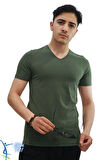 Erkek Slim Fit V Yaka Tişört - Dar Kesim Basic Günlük T-Shirt Haki