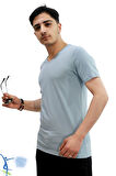 Erkek Slim Fit V Yaka Tişört - Dar Kesim Basic Günlük T-Shirt Bebe Mavi