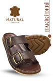 Hakiki Deri Erkek Terlik Çift Cırt Bantlı Ortopedik Rahat Taban Günlük Terlik TM Kahve