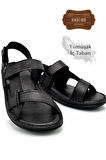 Hakiki Gerçek Deri Cırtlı Erkek Sandalet Şırıngıl Siyah