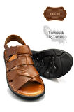 Hakiki Gerçek Deri Cırtlı Erkek Sandalet Çapraz Şır Taba