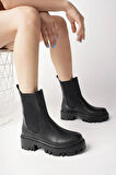 Kadın Bot - Kalın Taban Yanları Lastikli Suya Dayanıklı Rahat Giyim Kadın Bot Siyah