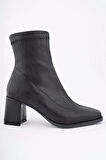 Kadın Streç Topuklu Bot - Küt Burun Topuklu Streç Farmuarlı Kadın Bot Siyah