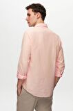 Slim Fit Pembe Düğmeli Yaka %100 Pamuk Yazlık Flamlı Keten Görünümlü Gömlek 6HC02ORT63265