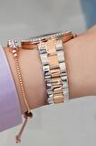 Daniel Klein Rose Gold/Metalik Gri Kadranlı Taşlı Kadın Kol Saati + Zirkon Taşlı Bileklik