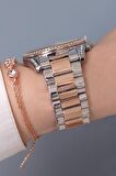 Taşlı Çelik Bilezik Lacivert Kadran Rose Gold/Metalik Kadın Kol Saati + Sonsuzluk Bileklik