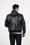 Deri Effect Erkek Siyah Kapüşonlu Hakiki Deri Ceket