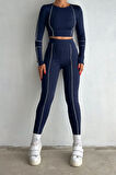 Lacivert Biyeli Crop Tayt İkili Takım