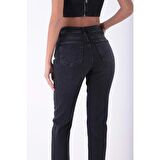 Paçaları Dikişsiz ve Yüksek Belli Cepli Astarsız Kadın Kot Pantolon Mom Fit Jean Antrasit Denim