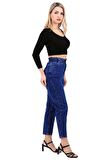 Beli Lastikli ve Yüksek Belli Cepli Astarsız Kadın Kot Pantolon Jean Koyu Mavi Denim