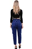 Beli Lastikli ve Yüksek Belli Cepli Astarsız Kadın Kot Pantolon Jean Koyu Mavi Denim