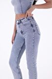 Damla Taşlı ve Paçaları Dikişsiz Bitişli Yüksek Belli Kadın Kot Pantolon Kar Açık Mavi Denim Jean