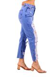 Bacakları Yırtıklı ve Yüksek Belli Astarsız Cepli Boyfriend Kadın Kot Pantolon Jean Orta Mavi Denim