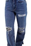 Bacakları Yırtıklı ve Paçaları Yırtmaçlı Geniş Paçalı Kadın Kot Pantolon Jean Orta Mavi Denim