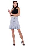 Pileli Çan Modelli Cepsiz Astarsız Kadın Kısa Etek Denim Yaz Kar Açık Mavi
