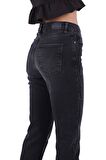 Çizgili Taşlı ve Yüksek Belli Paçaları Dikişsiz Mom Jean Kadın Kot Pantolon Antrasit Denim