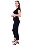 Paçaları Dikişsiz ve Yüksek Belli Cepli Astarsız Kadın Kot Pantolon Mom Fit Jean Lacivert Denim