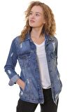 Lazer Yırtıklı ve Klasik Yakalı Uzun Kollu Cepli Klasik Kadın Kot Ceket Koyu Mavi Denim Dört Mevsim
