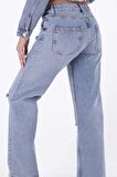 Yırtıklı Detaylı ve  Düşük Belli Rahat / Relaxed Palazzo Jean Kadın Kot Pantolon Orta Mavi Denim 