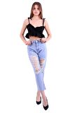 Önü Yırtıklı  Detaylı  Yüksek Belli Cepli ve Astarsız Mom Fit Kadın Kot Pantolon Buz Mavisi Denim 