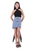 Pileli ve Çan Modelli Cepsiz Astarsız Kadın Kısa Kot Etek Durulanmış Mavi Denim Yaz / Bahar 